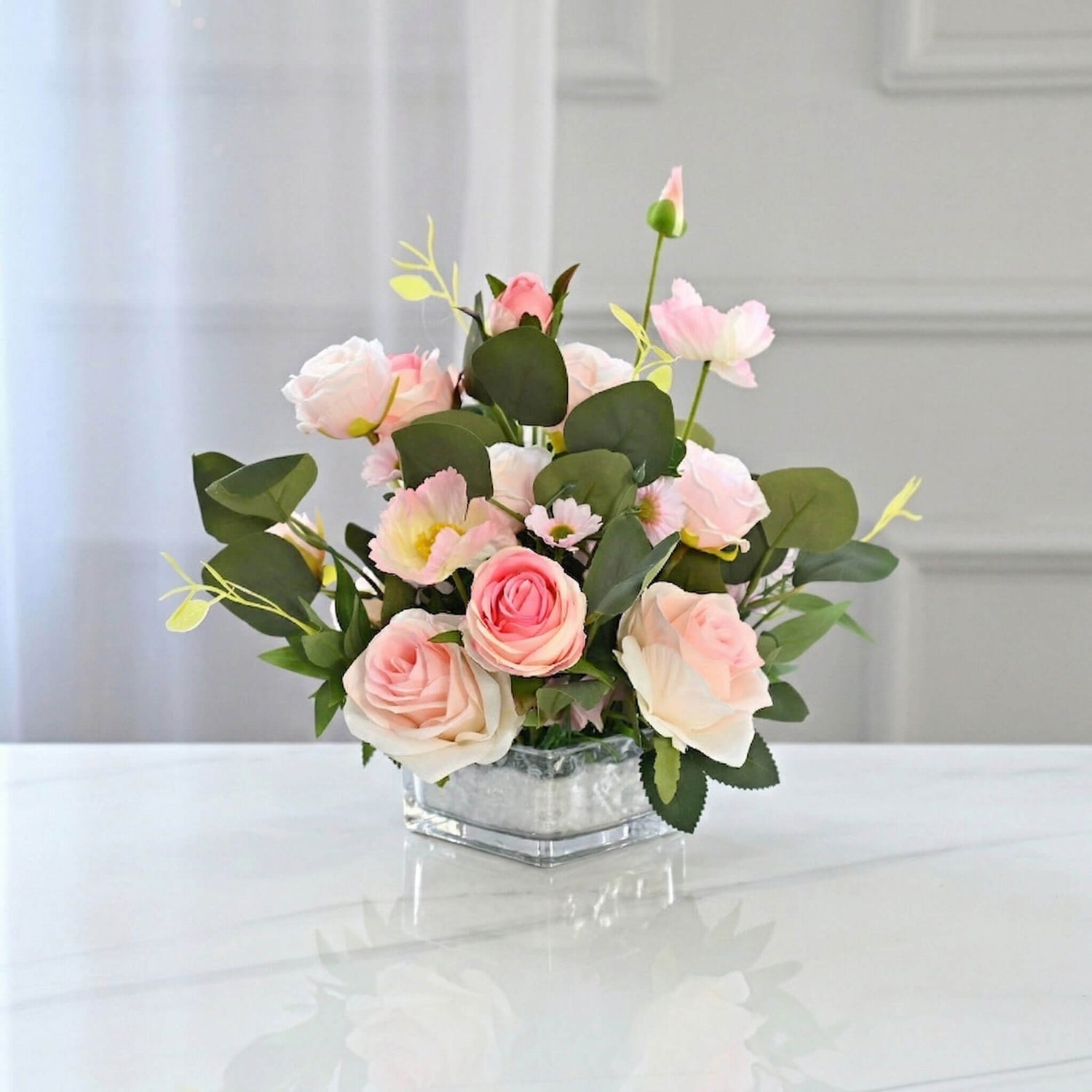 Pink artificial peony and rose flower centerpiece with chrysanthemum