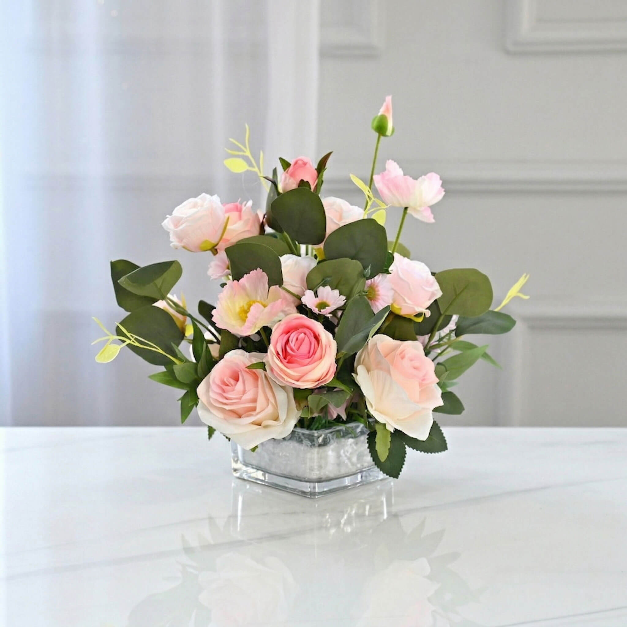 Pink artificial peony and rose flower centerpiece with chrysanthemum