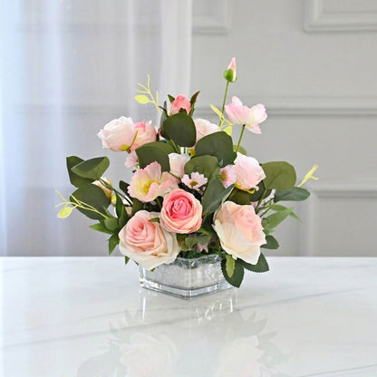 Pink artificial peony and rose flower centerpiece with chrysanthemum