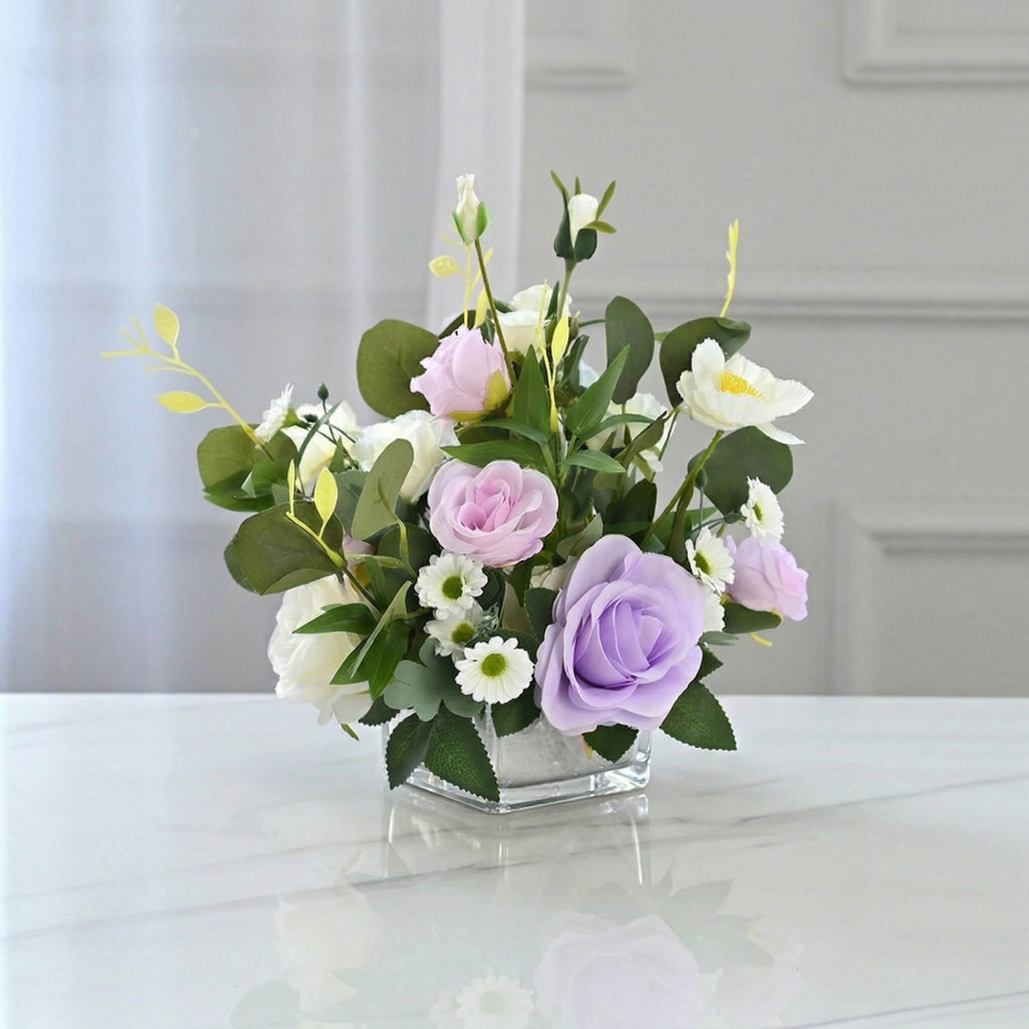 Purple artificial peony and rose flower arrangement with chrysanthemum
