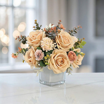 Champagne artificial rose and hydrangea floral centerpiece with eucalyptus