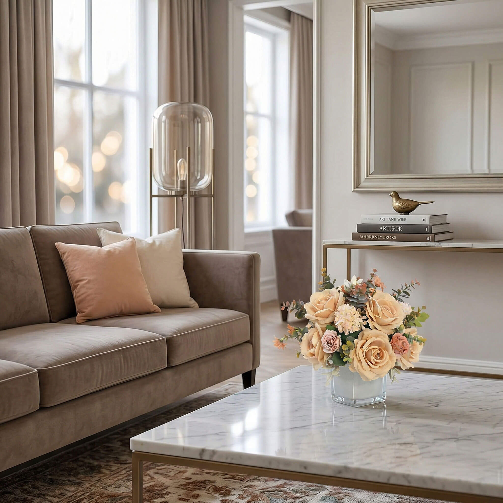 Champagne artificial rose and hydrangea flower centerpiece on a living room coffee table
