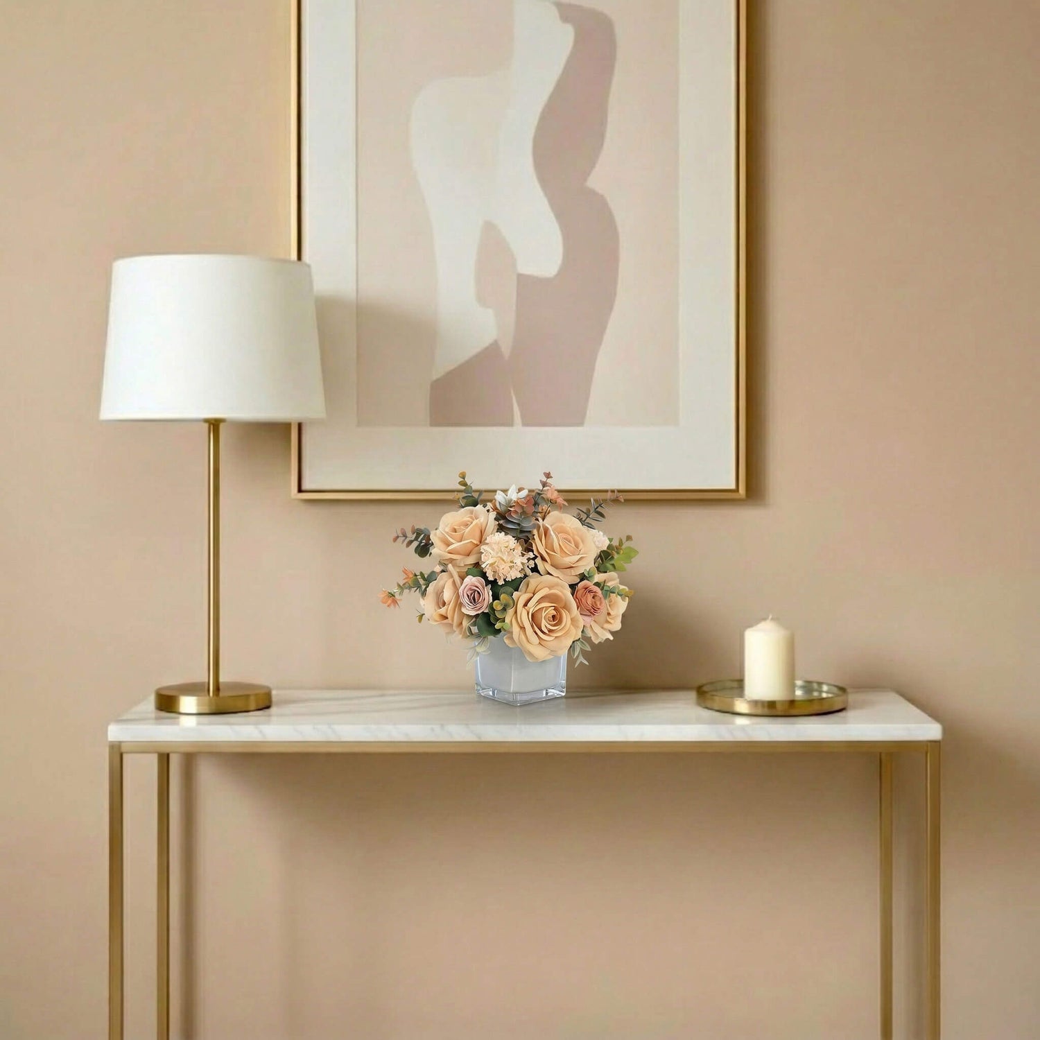 Artificial rose and hydrangea flower arrangement on a living room console table