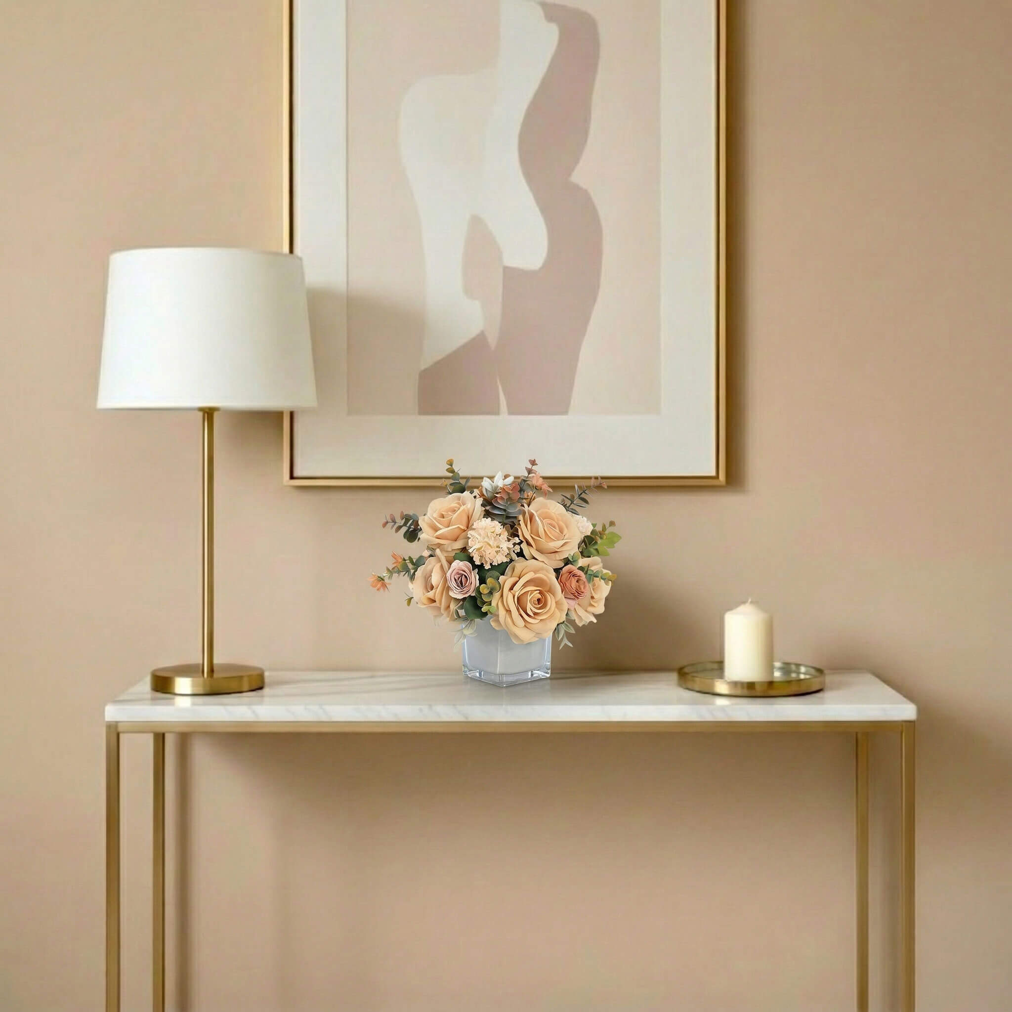 Artificial rose and hydrangea flower arrangement on a living room console table