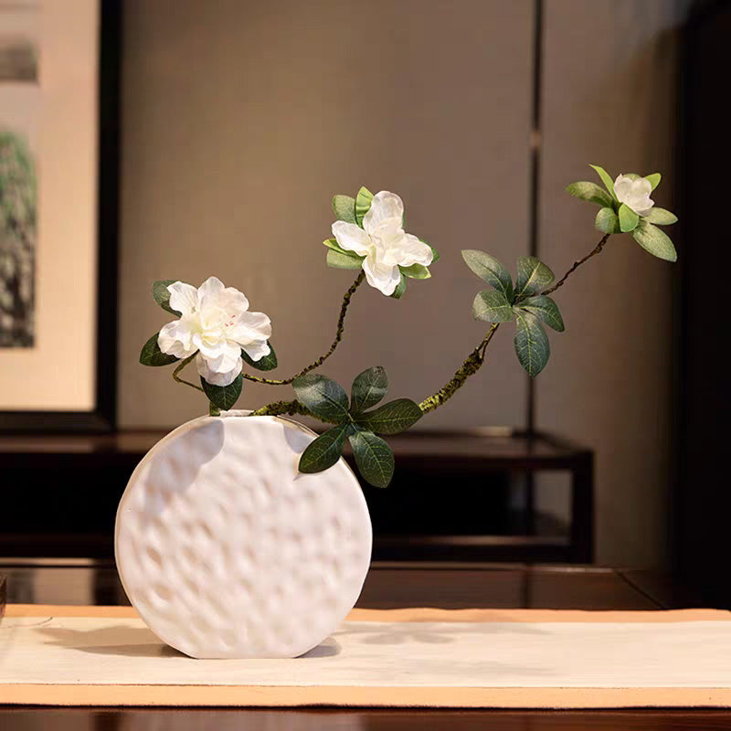 Azalea Silk Flower Arrangement in White Plain Round Vase - 13.5"