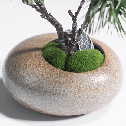 Ceramic vase with faux moss and stone base for artificial pine tree arrangement