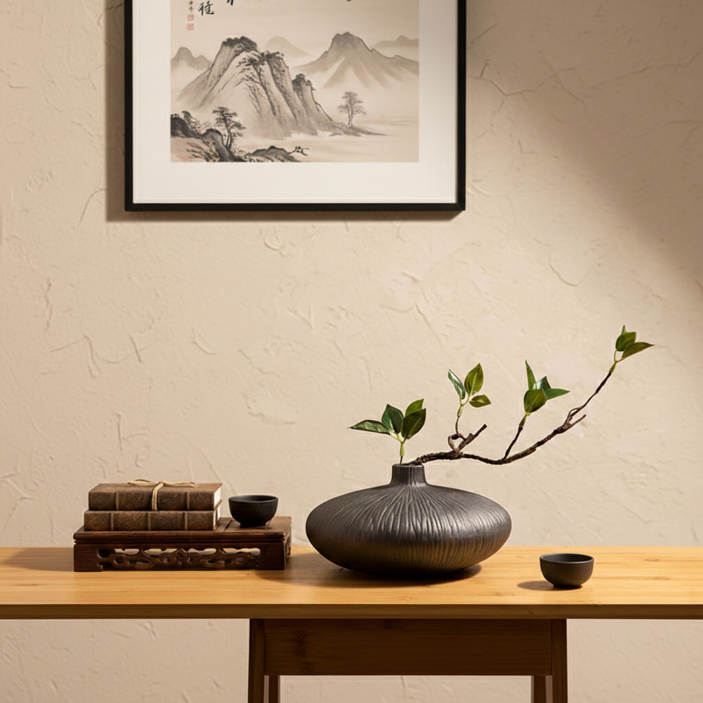 Faux ficus plant with black ceramic vase helping create a peaceful zen-inspired meditation space