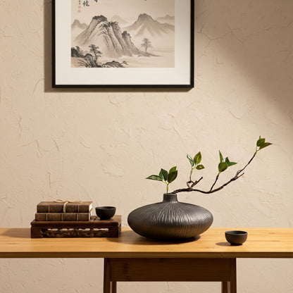 Faux ficus plant with black ceramic vase helping create a peaceful zen-inspired meditation space