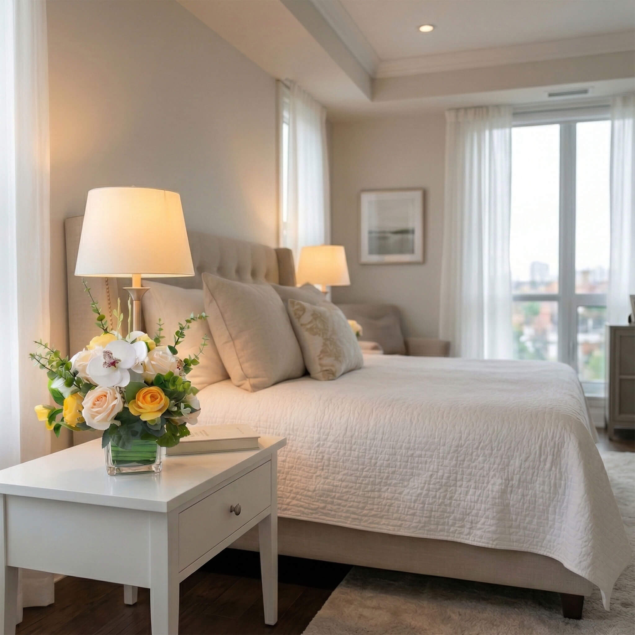 Champagne faux orchid and rose floral arrangement with eucalyptus on a bedroom nightstand