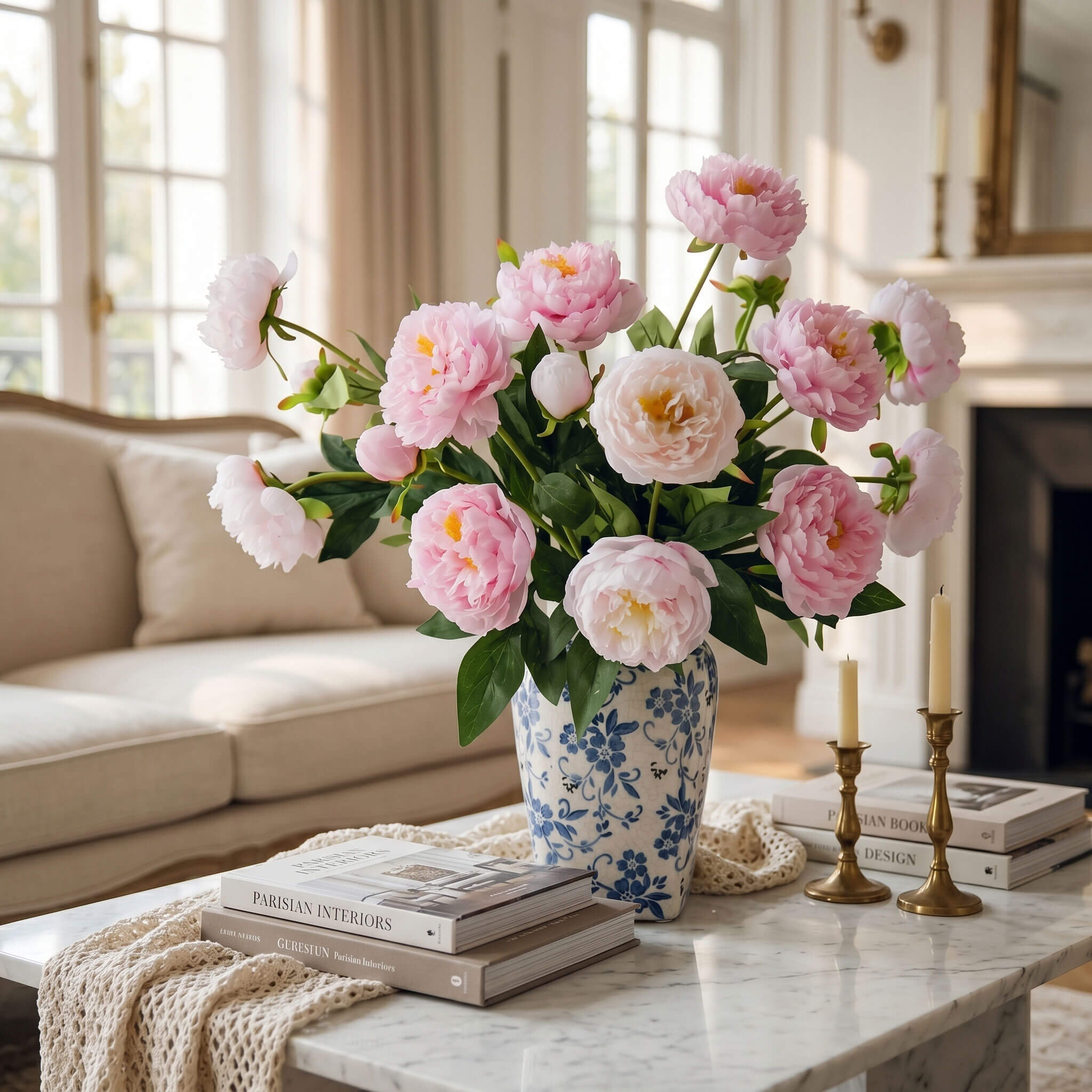 Real Touch Faux Peony Arrangement in Blue & White Porcelain Vase