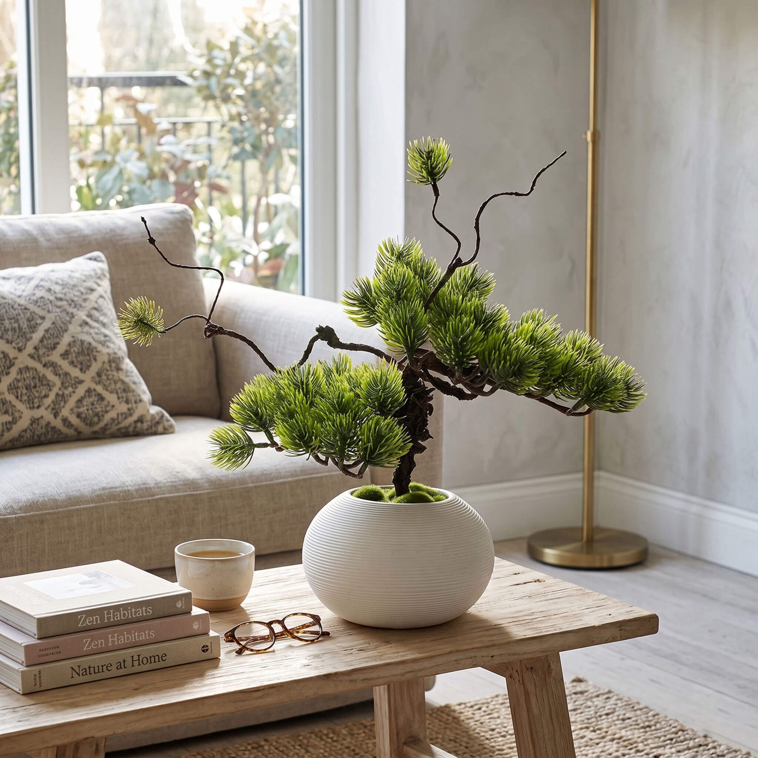 Artificial pine tree styled in a living room, placed on a coffee table with a clean white ceramic vase for a natural touch.