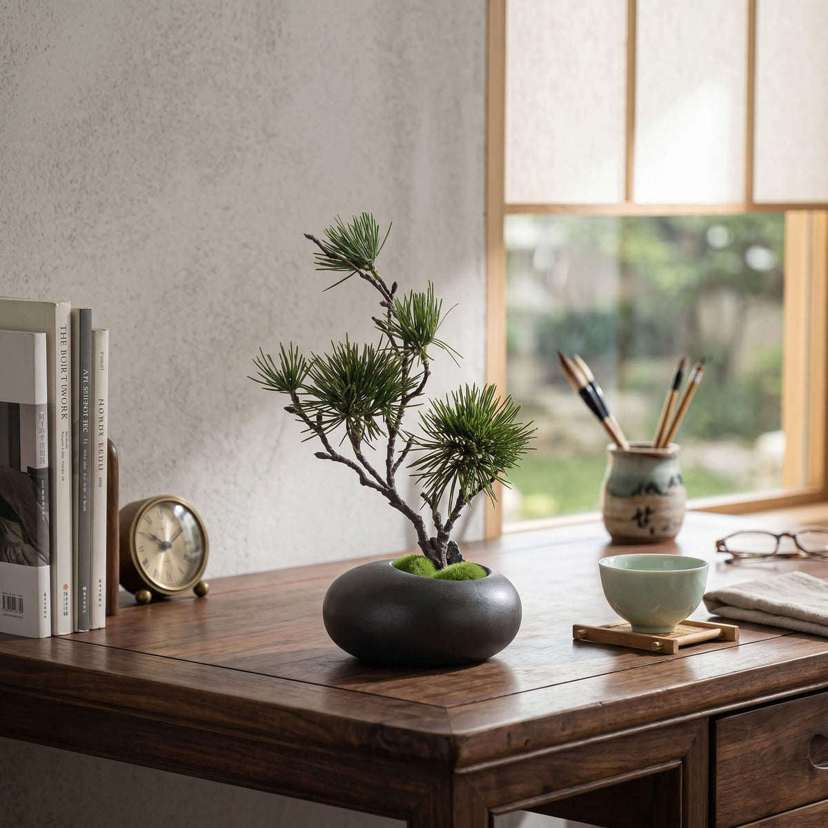 Artificial pine tree placed in a study room, enhancing desk space with a minimalist natural touch.