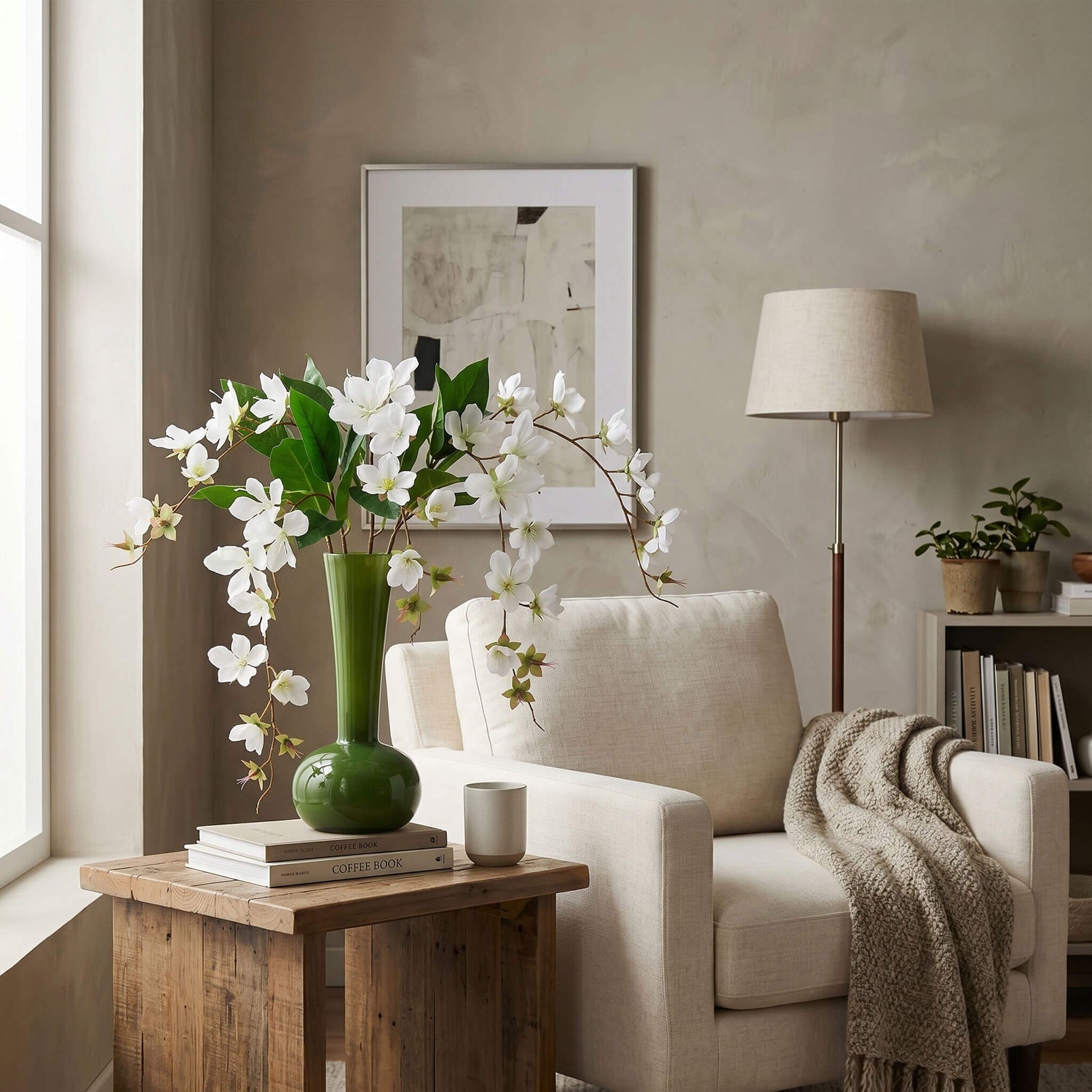 Artificial jasmine arrangement styled in a living room, placed on a coffee table with an olive green vase for a fresh natural touch.