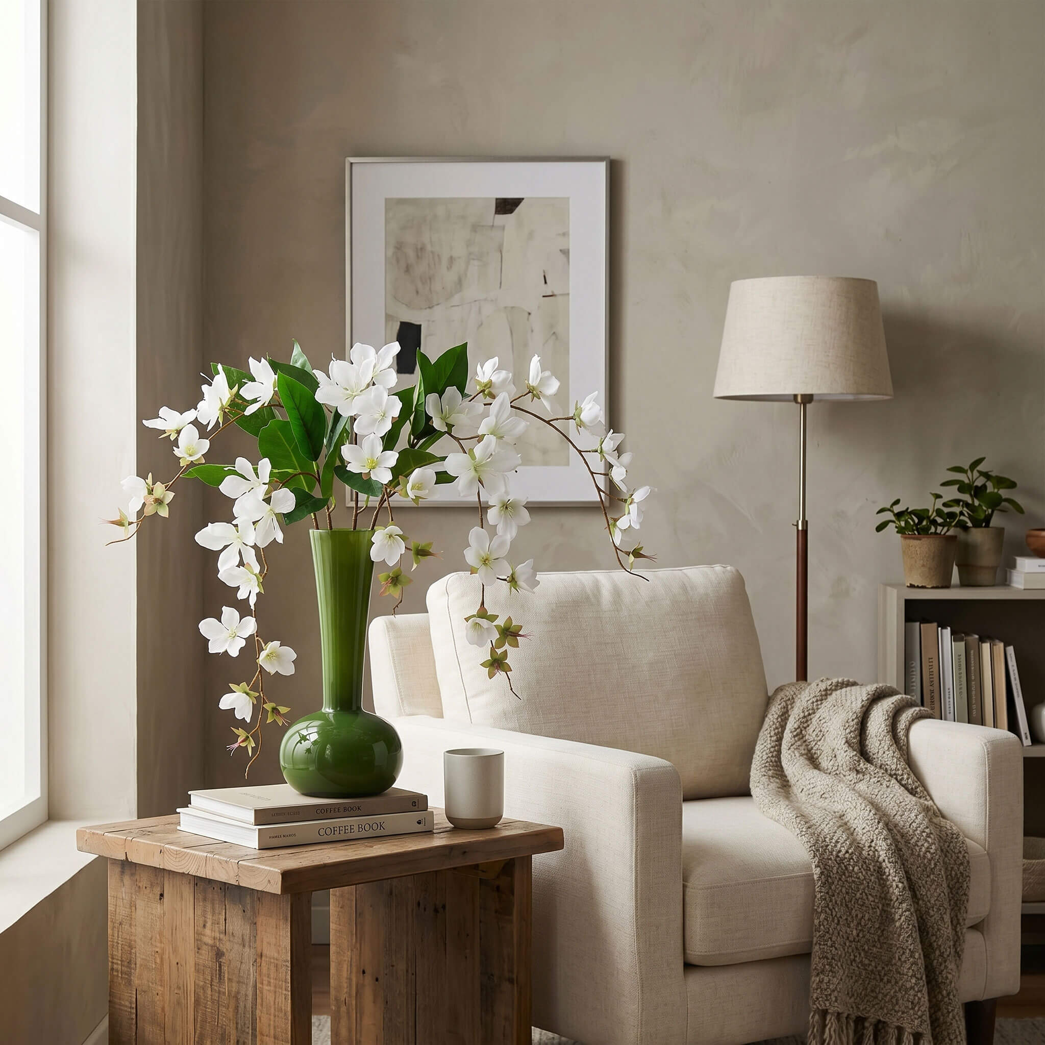 Artificial jasmine arrangement styled in a living room, placed on a coffee table with an olive green vase for a fresh natural touch.
