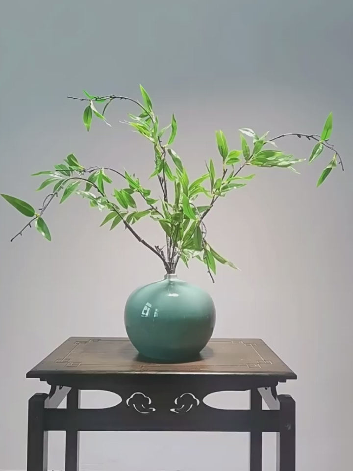 Silk Black Bamboo in Emerald Green Ceramic Vase - 23.6"