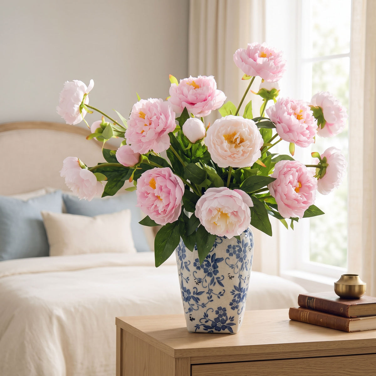 Real Touch Faux Peony Arrangement in Blue &amp; White Porcelain Vase - 20"