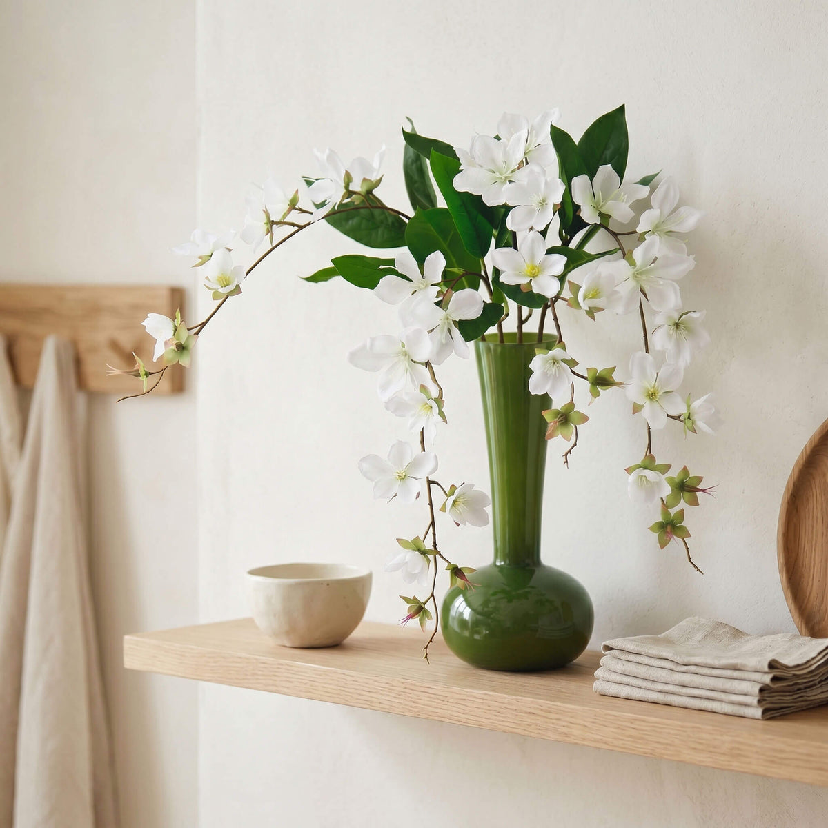Real Touch Artificial Jasmine Arrangement in Olive Green Long-Necked Vase - 18.9"
