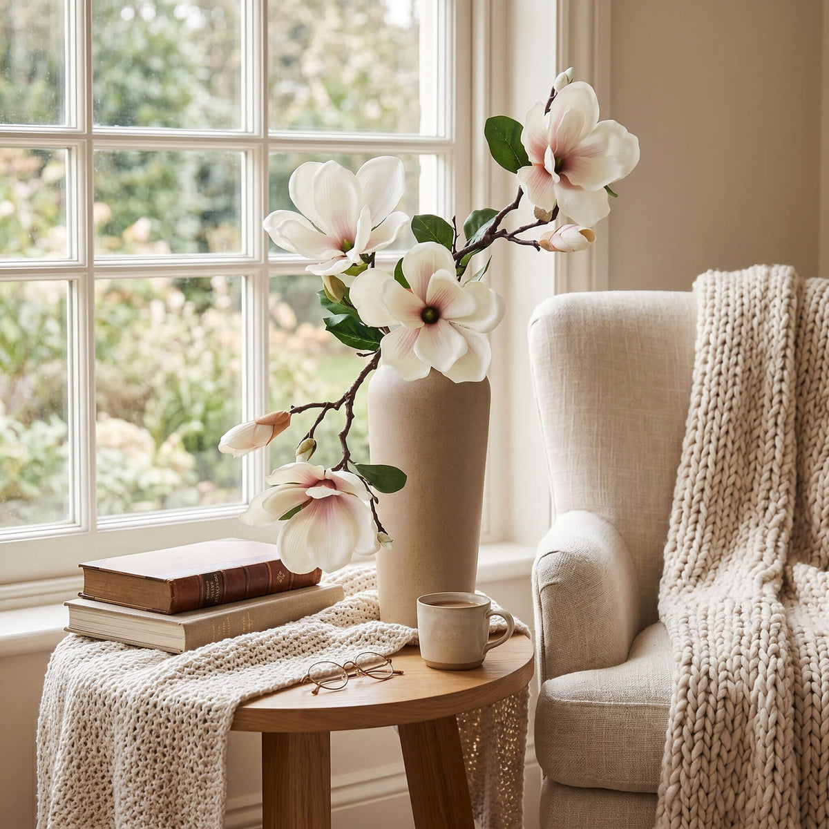 Real Touch Artificial Magnolia Arrangement in Pale Yellow Vase - 27.5"