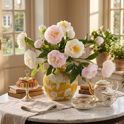 Real touch peony centerpiece displayed on a sunlit afternoon tea table by the window, creating a soft and inviting atmosphere.