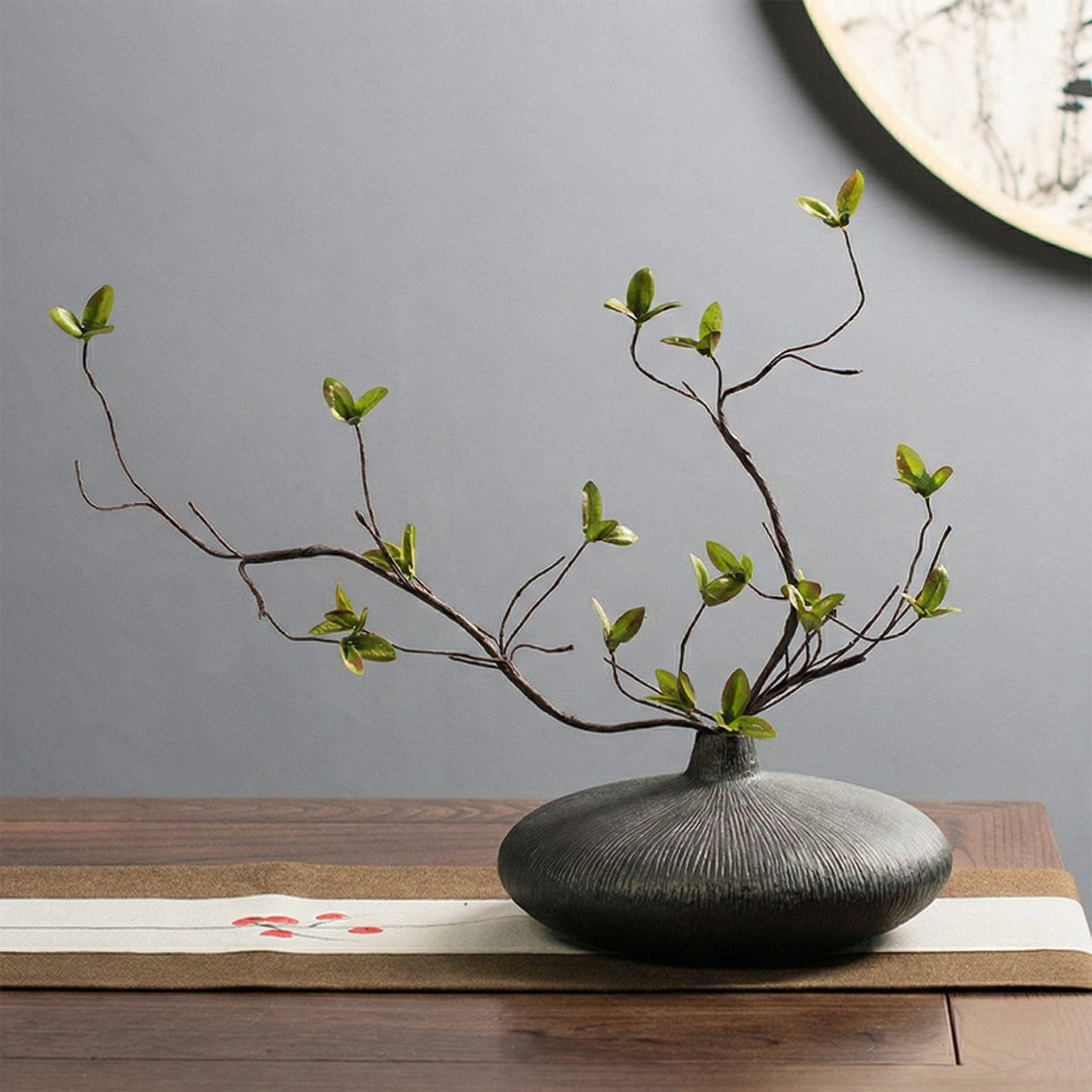 Silk Multi-Branched Ficus Branch In Black Glazed Ceramic Vase - 17.8"