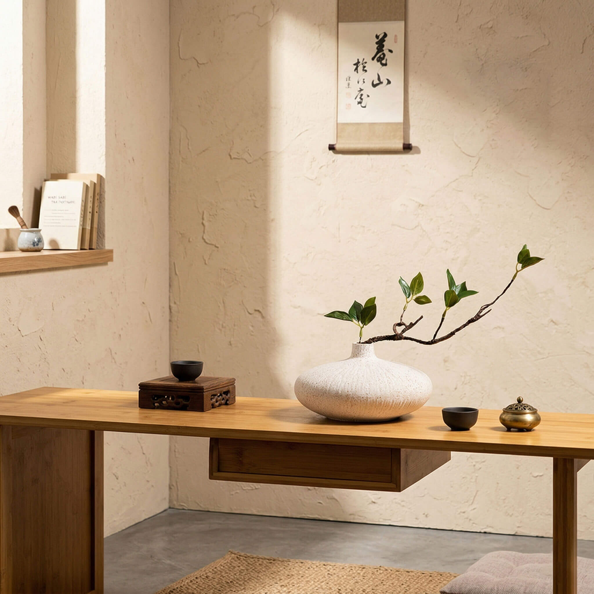 Artificial ficus plant in white ceramic vase adding a calm and refined touch to a tea room setting
