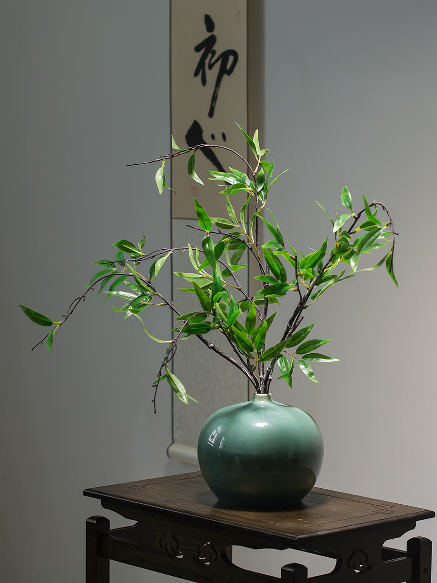 Silk Black Bamboo in Emerald Green Ceramic Vase - 23.6&