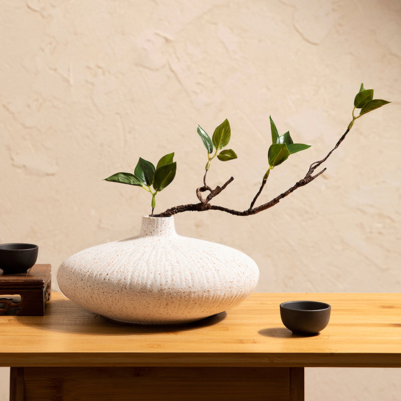 Silk Ficus Branch in White Glazed Ceramic Vase - 10"