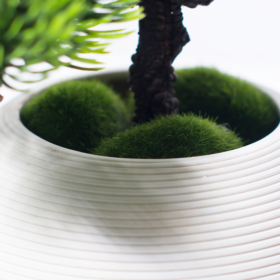 White ceramic vase with faux moss base used for artificial pine tree arrangement