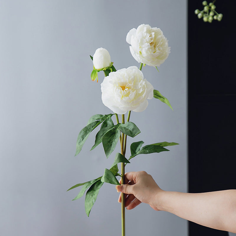 Close-up of white real touch peony flower, highlighting soft layered petals and a natural lifelike finish.